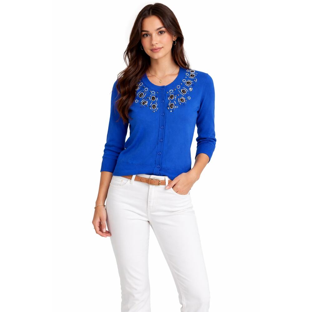Kate Spade Women's Small Royal Blue Cardigan Blouse Arcadia Embellished Beaded
